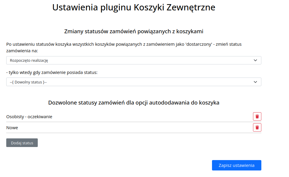 Koszyki zewnętrzne - ustawienia