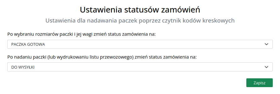 Ustawienia statusów zamówień - nadawanie poprzez czytnik