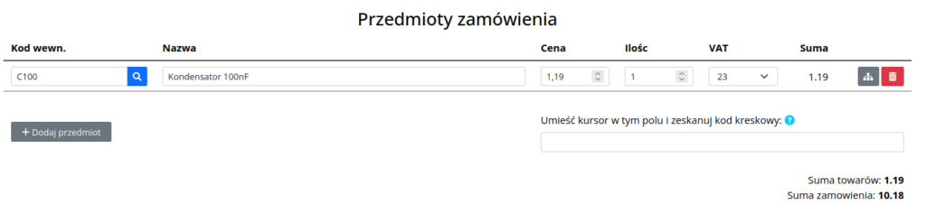 Edycja towarów w zamówieniu SaleBasis